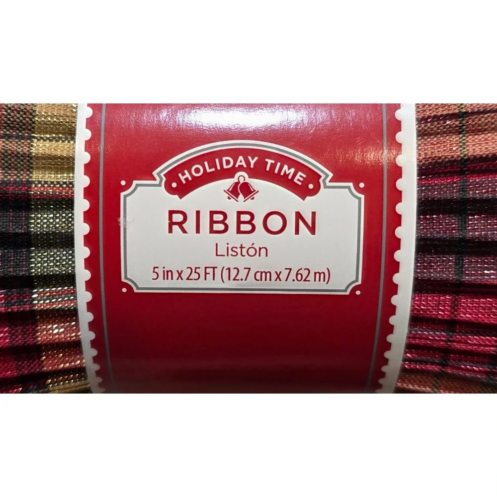 Holiday Time 2pk Christmas Ribbon Red Gold Plaid Metallic 5in x 25ft 97707JC-A